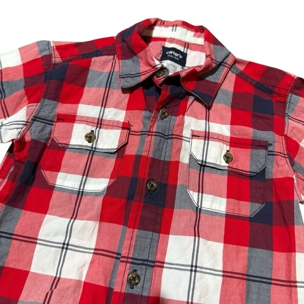 Carter’s Red Paid Shirt Christmas Button Up Long Sleeve Collar Front Pockets 3T